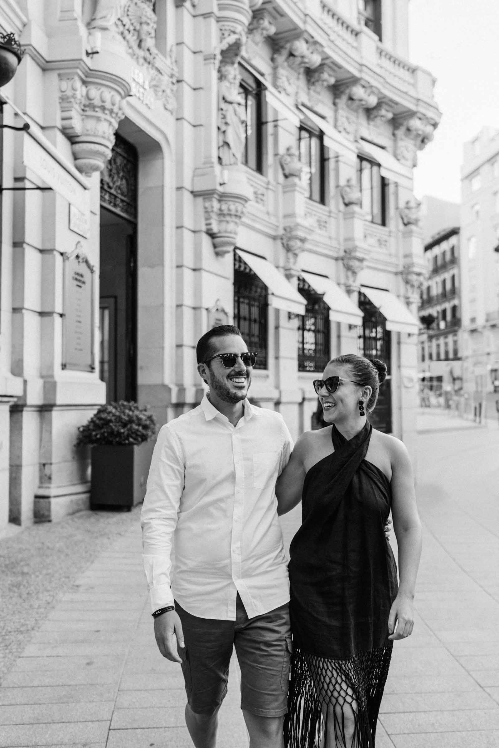 Beatriz and Luis Miguel engagement session near Real Casino de Madrid and Hotel Hermes