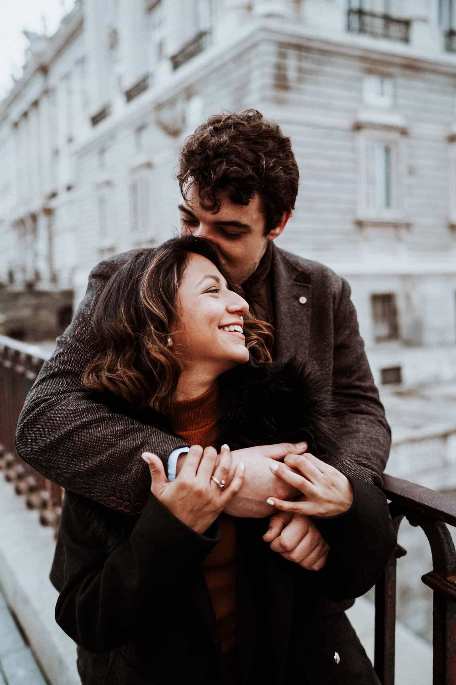 Melissa and Álvaro engagement session near the Royal Palace in Madrid