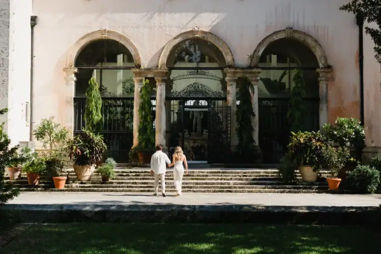 Vizcaya Museum main house entrance during Gabby and Mike’s Miami engagement session