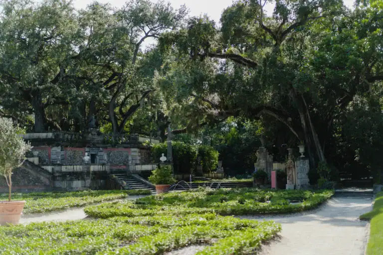 Wide view of Vizcaya’s formal gardens during the engagement session