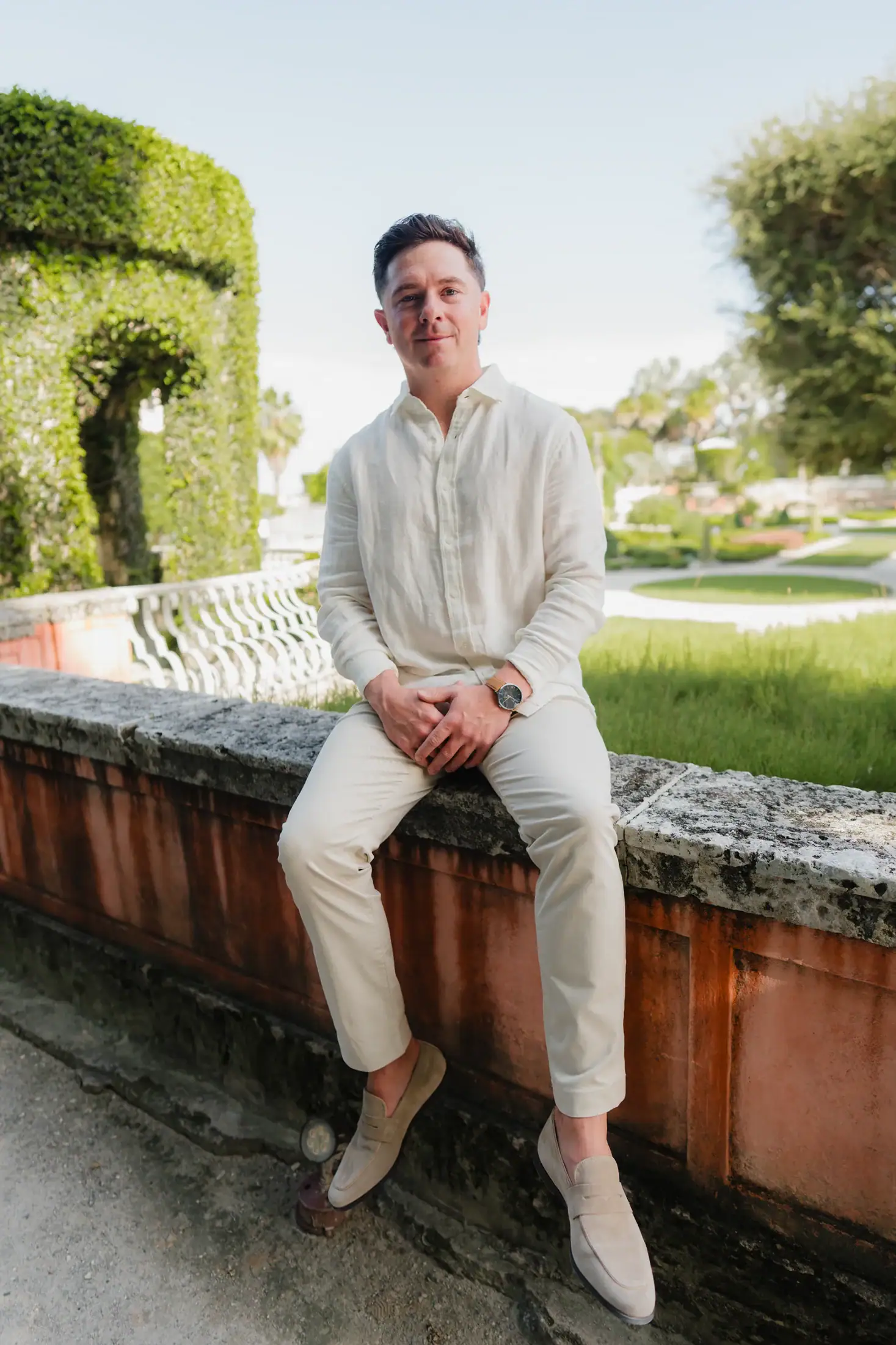 Editorial groom portrait in the gardens during Gabby and Mike’s Vizcaya engagement session