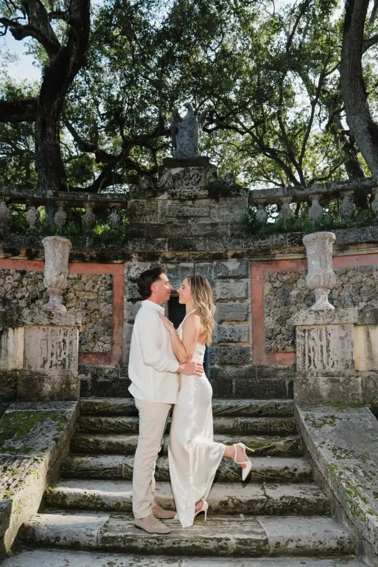 Gabby and Mike photographed together on Vizcaya’s stone stairs