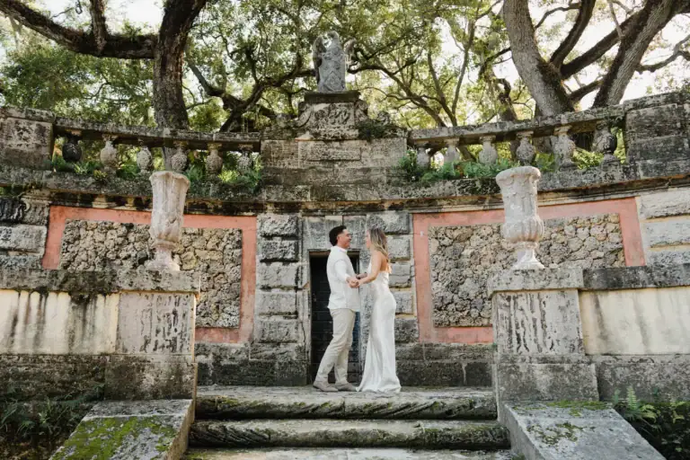 Wide stone staircase at Vizcaya during Gabby and Mike’s engagement session