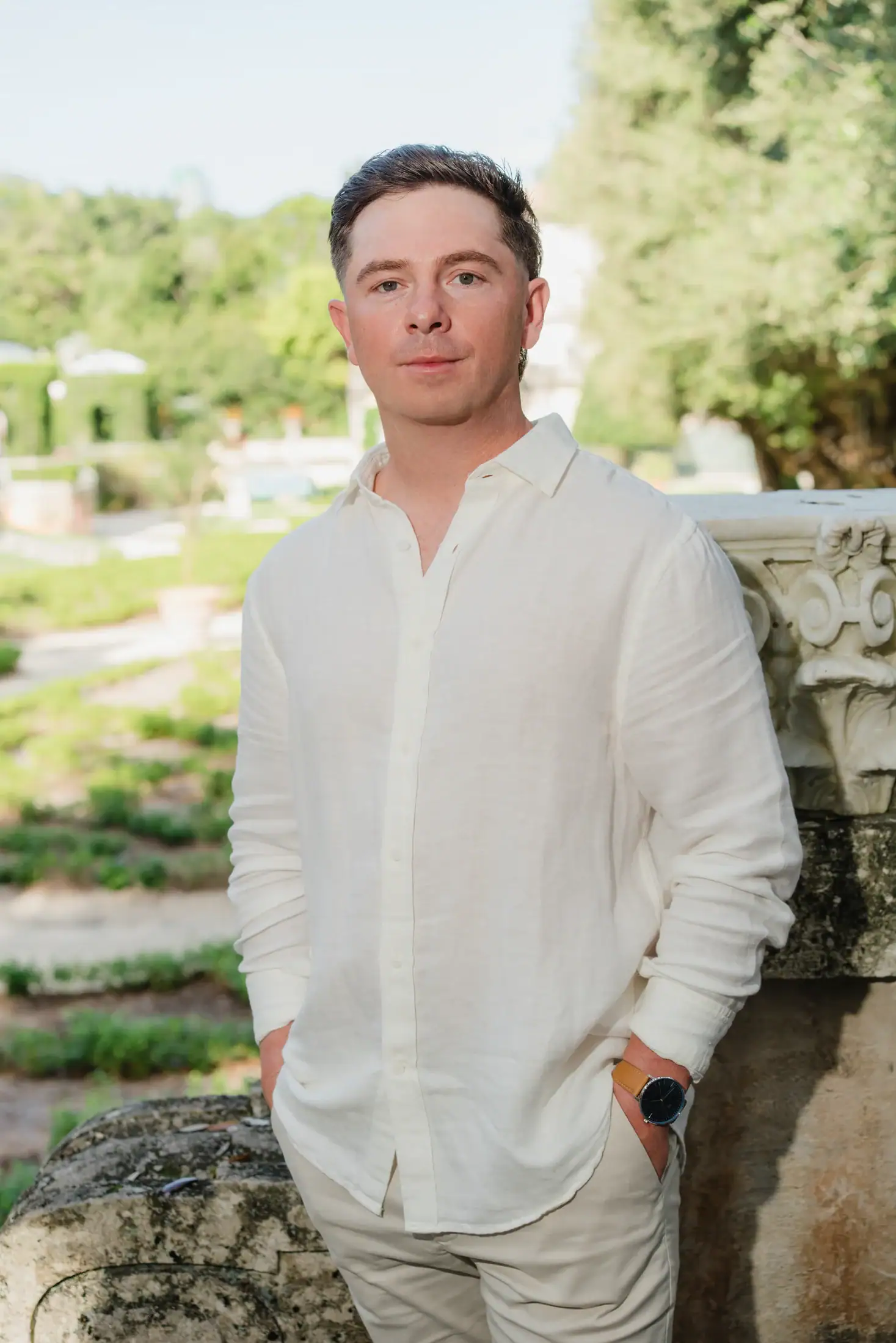 Editorial groom portrait during Gabby and Mike’s Vizcaya Gardens engagement session in Miami