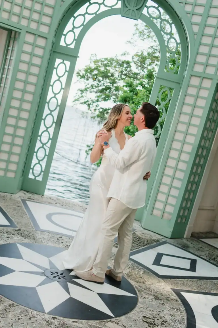 Gabby and Mike photographed inside the Tea House at Vizcaya Museum and Gardens in Miami