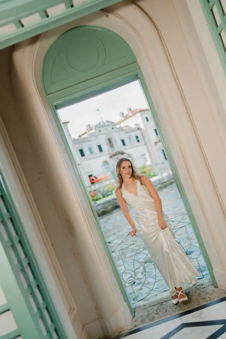 Gabby and Mike framed by the doorway of the Tea House at Vizcaya Museum and Gardens